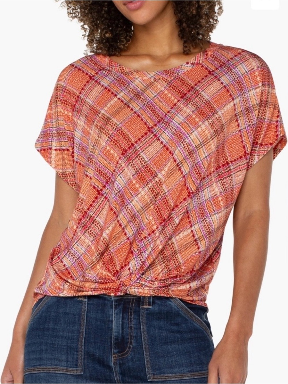 Liverpool crewneck knit top with front twist Clementine multi plaid, size M NWT